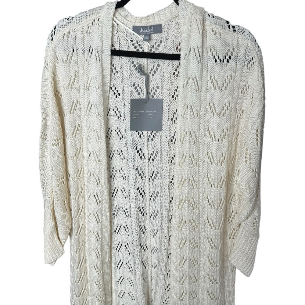 NWT Marled Cream Open-Knit Longline Cardigan Size Medium - Picture 2 of 5